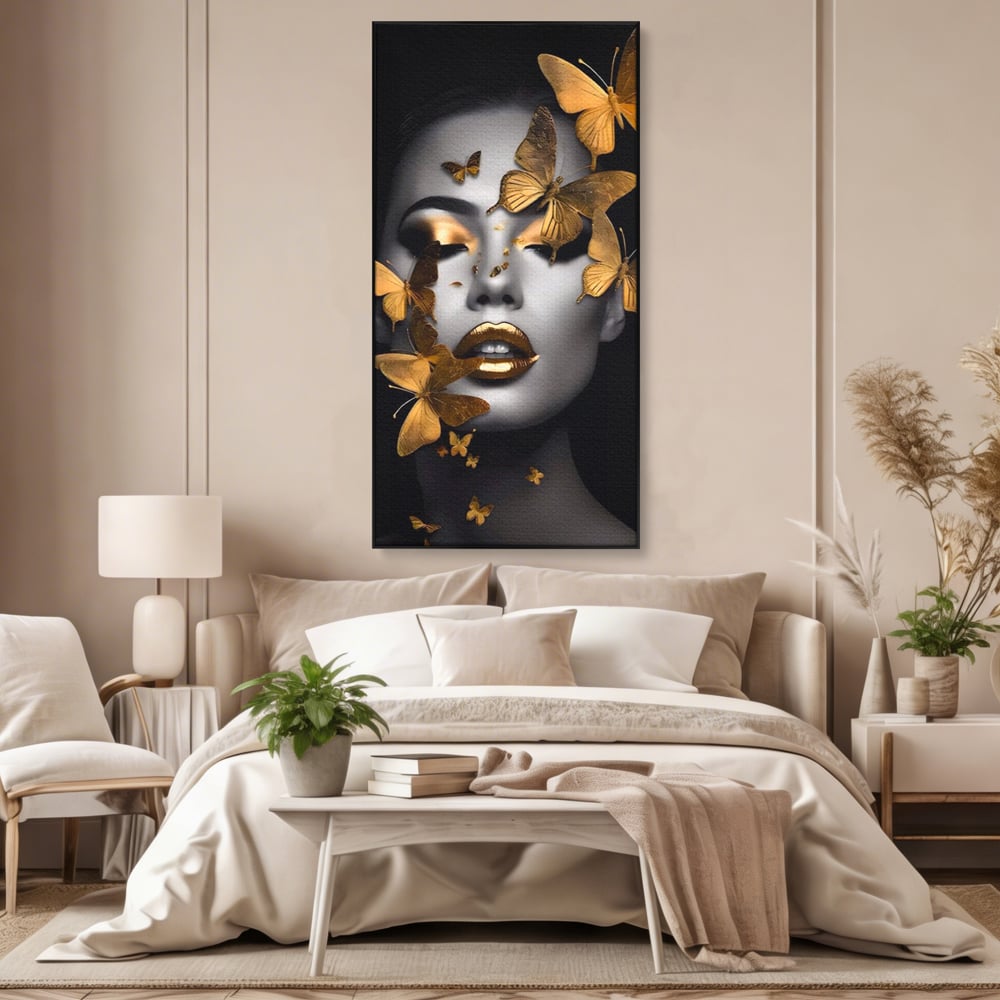 Tablou canvas cu tablou canvas cu portret de femeie si fluturi aurii, in rama de aluminiu negru, pe perete intr-un dormitor